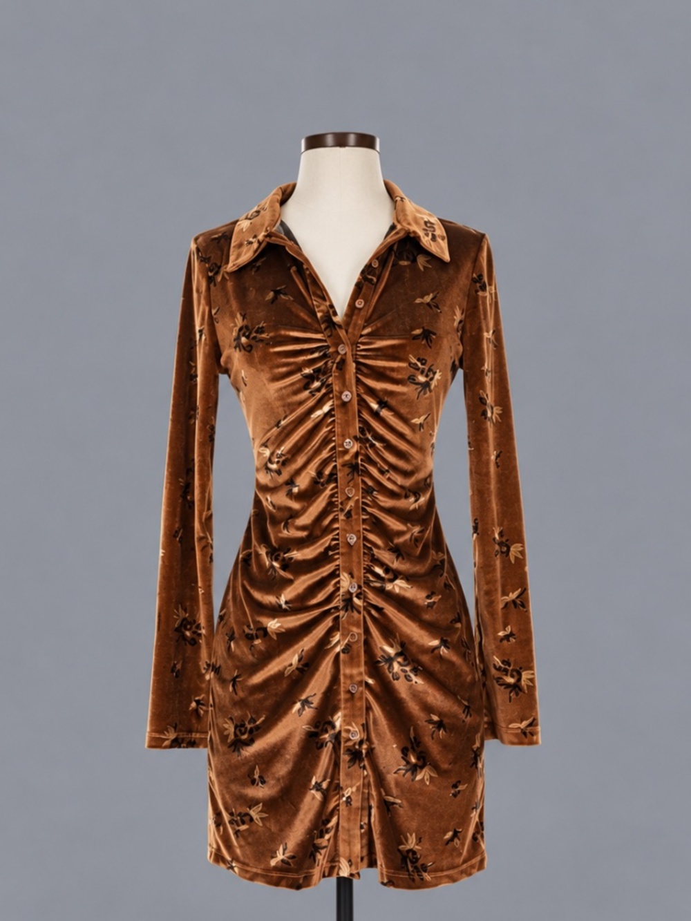 House of Harlow 1960 Brown Velvet Floral Ruched Mini Dress โ Size XS
